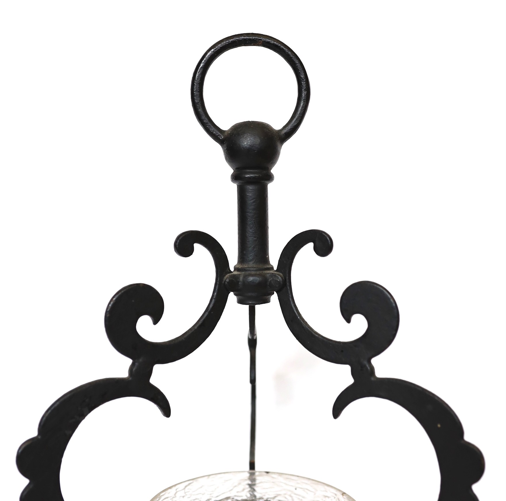 An early 20th century English wrought iron hall lantern with frosted glass liner, height 40cm to 40cm